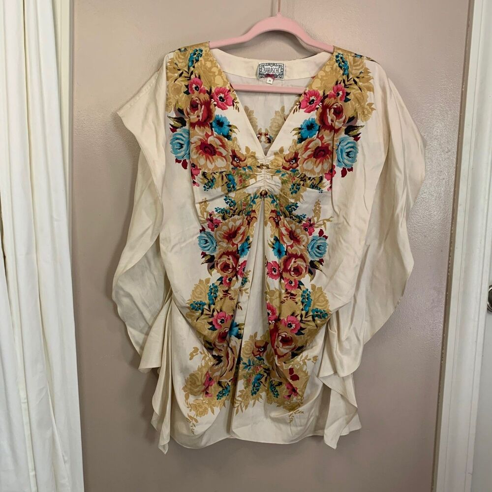 Yoana Baraschi Anthropologie Romantic Floral Draping Front Silk Blend Tunic Top